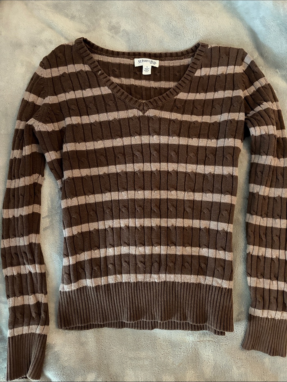 St. John's Bay Brown & Cream Striped V-Neck Cable Knit Sweater